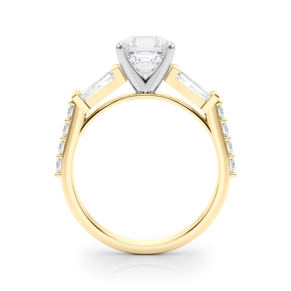 Round & Tapered Baguette Engagement Ring, style 85367, Side view in yellow gold
