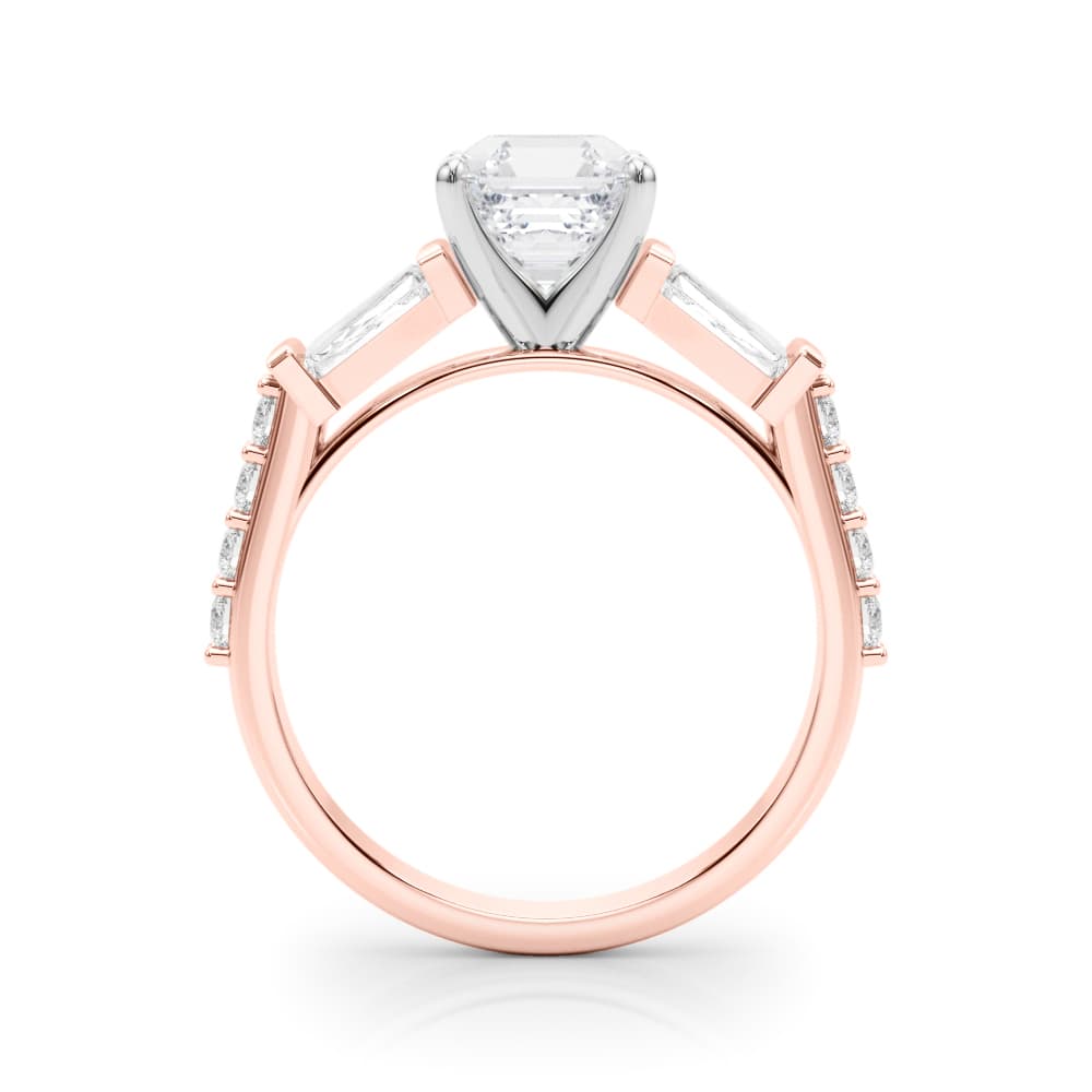Round & Tapered Baguette Engagement Ring, style 85367, Side view in rose gold