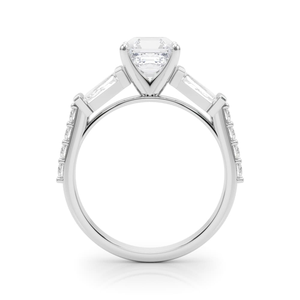 Round & Tapered Baguette Engagement Ring, style 85367, Side view in white gold or platinum