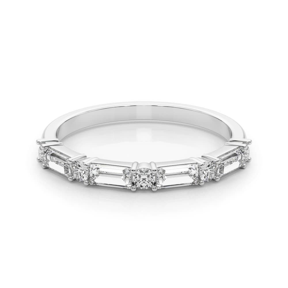 Alternating Round & Straight Baguette Wedding Band (5/8 ct. tw.), On hand view in white gold or platinum