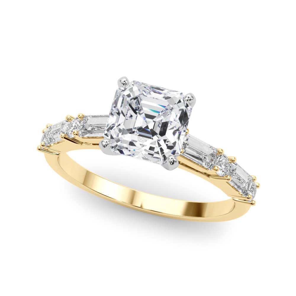 Contemporary Round & Baguette Engagement Ring, style 85370, Front view in yellow gold