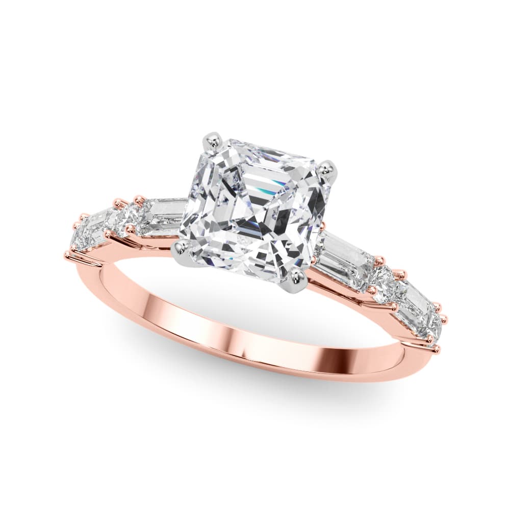 Contemporary Round & Baguette Engagement Ring, style 85370, Front view in rose gold