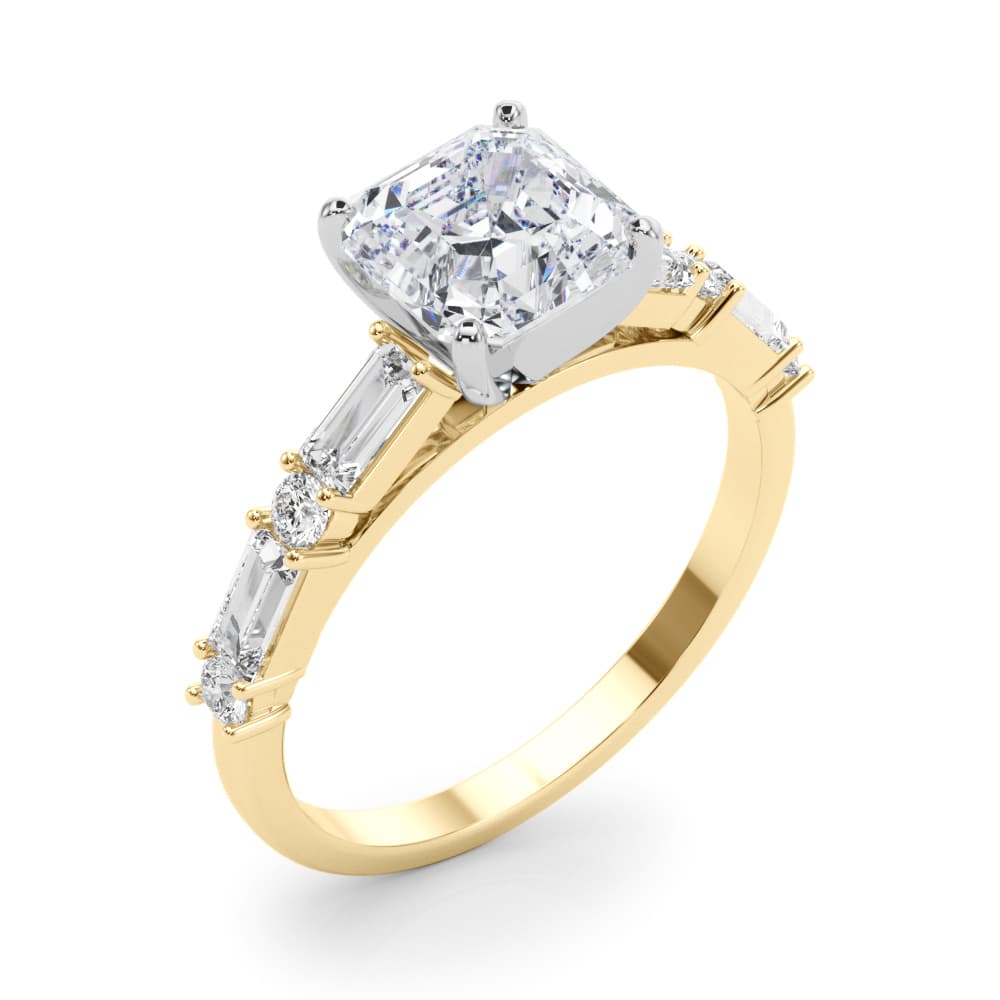 Contemporary Round & Baguette Engagement Ring, style 85370, Angle view in yellow gold