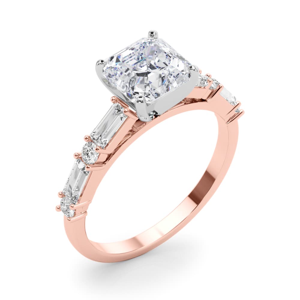Contemporary Round & Baguette Engagement Ring, style 85370, Angle view in rose gold