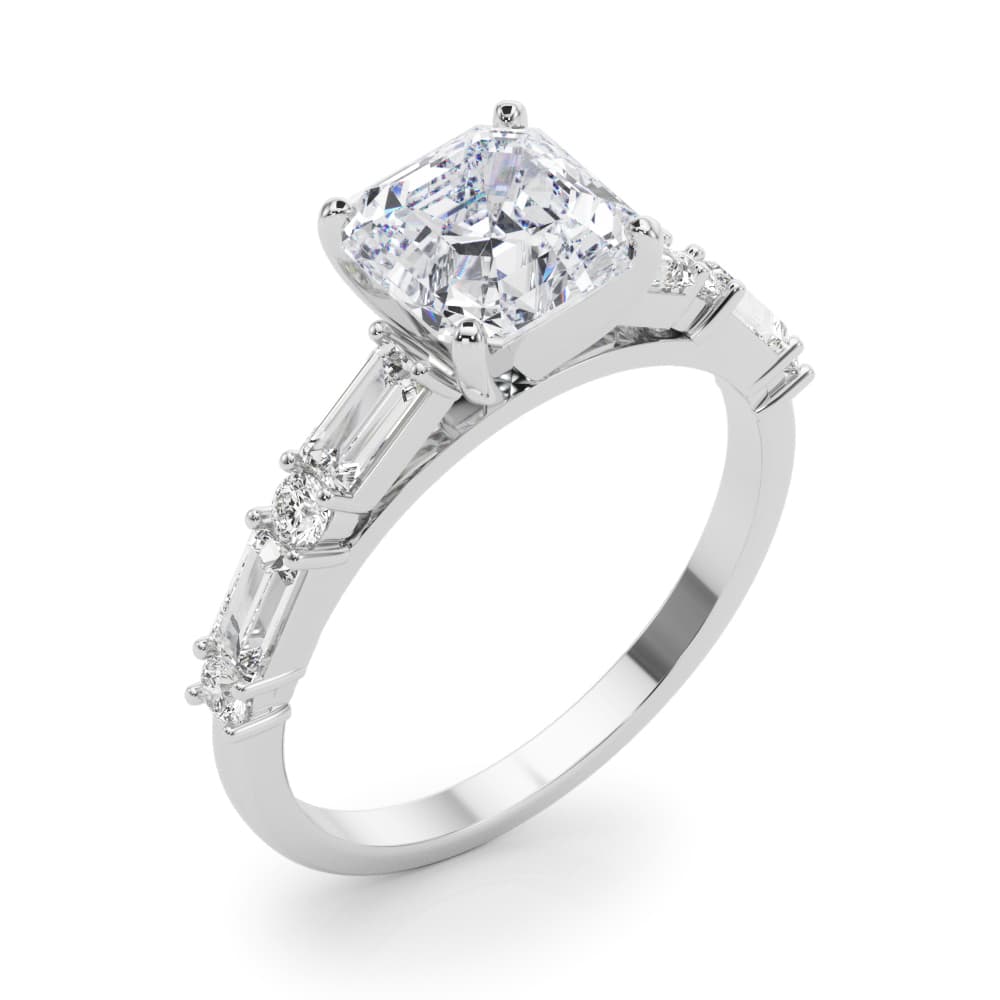 Contemporary Round & Baguette Engagement Ring, style 85370, Angle view in white gold or platinum
