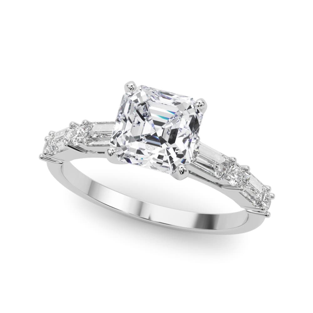 Contemporary Round & Baguette Engagement Ring — style 85370 in 10k White Gold