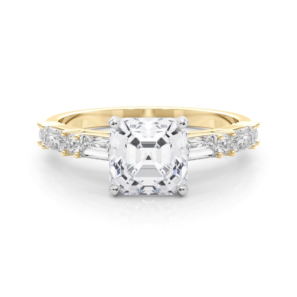 Contemporary Round & Baguette Engagement Ring, style 85370, On hand view in yellow gold