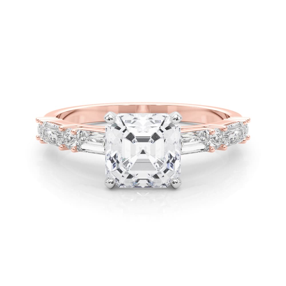 Contemporary Round & Baguette Engagement Ring, style 85370, On hand view in rose gold