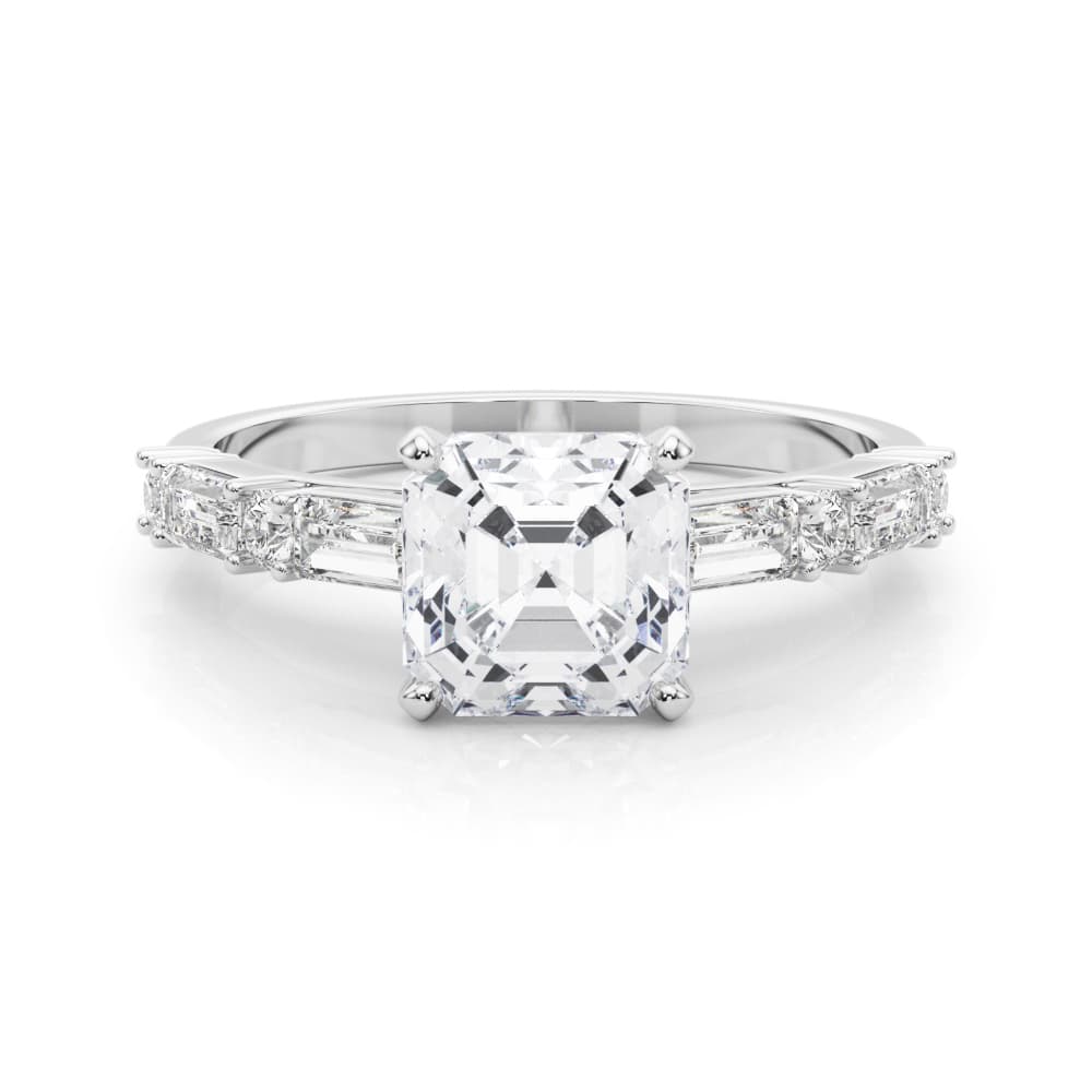 Contemporary Round & Baguette Engagement Ring, style 85370, On hand view in white gold or platinum