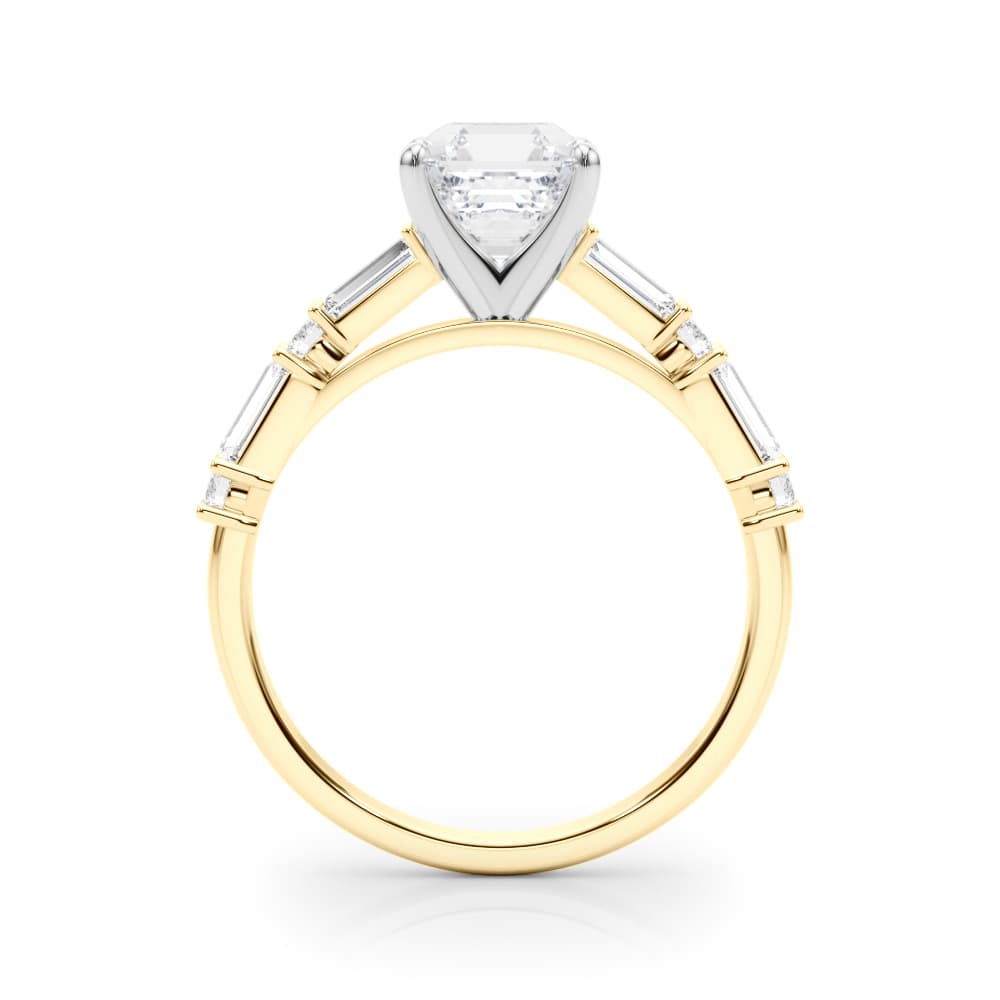 Contemporary Round & Baguette Engagement Ring, style 85370, Side view in yellow gold