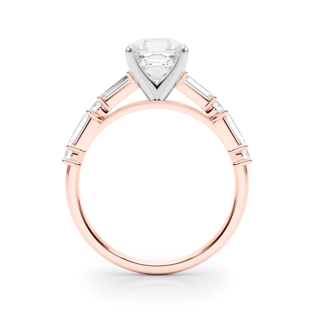 Contemporary Round & Baguette Engagement Ring, style 85370, Side view in rose gold