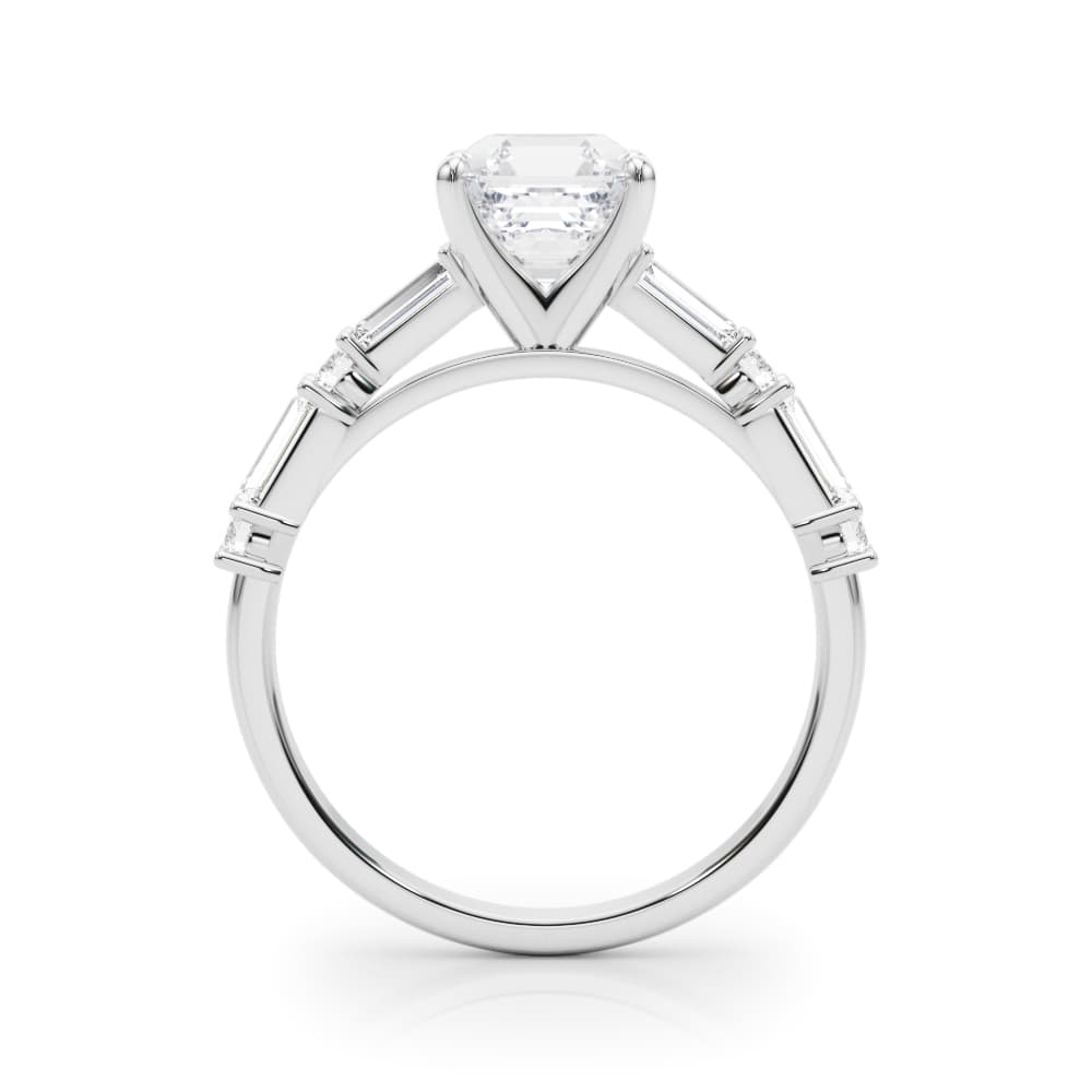 Contemporary Round & Baguette Engagement Ring, style 85370, Side view in white gold or platinum