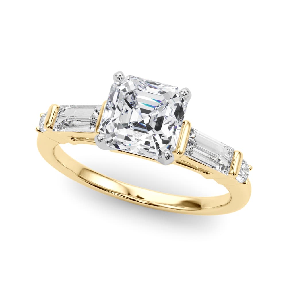 Round & Straight Baguette Engagement Ring, style 85372, Front view in yellow gold