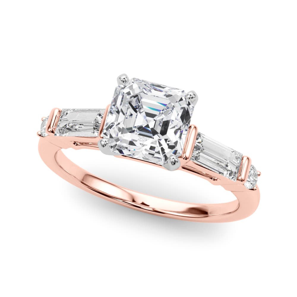 Round & Straight Baguette Engagement Ring, style 85372, Front view in rose gold