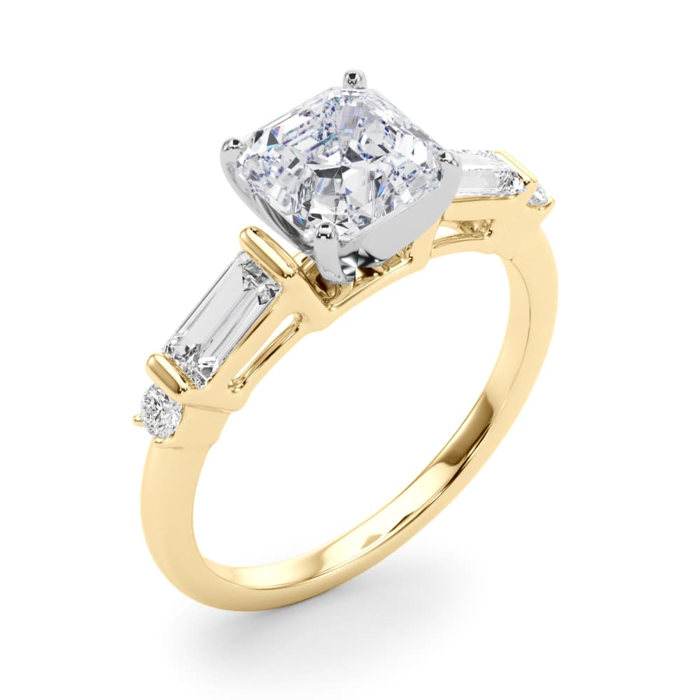 Round & Straight Baguette Engagement Ring, style 85372, Angle view in yellow gold