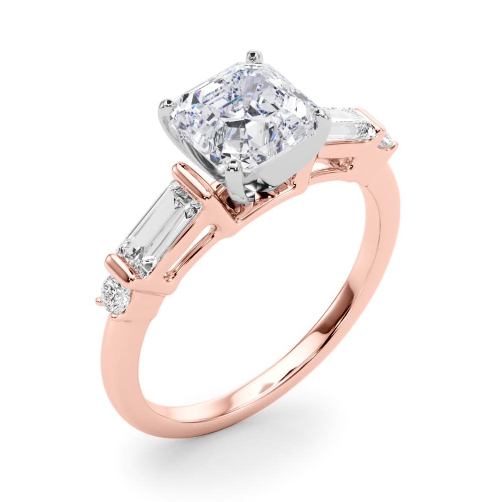Round & Straight Baguette Engagement Ring, style 85372, Angle view in rose gold