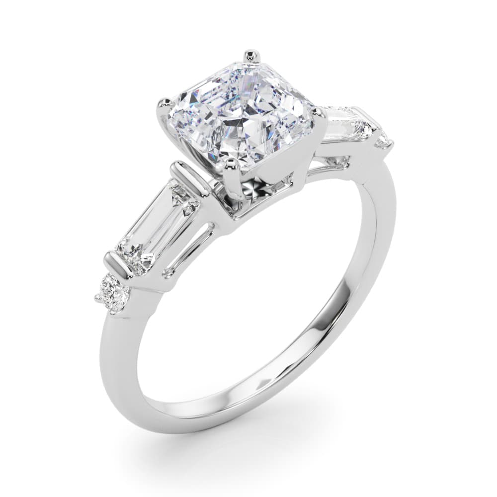 Round & Straight Baguette Engagement Ring, style 85372, Angle view in white gold or platinum
