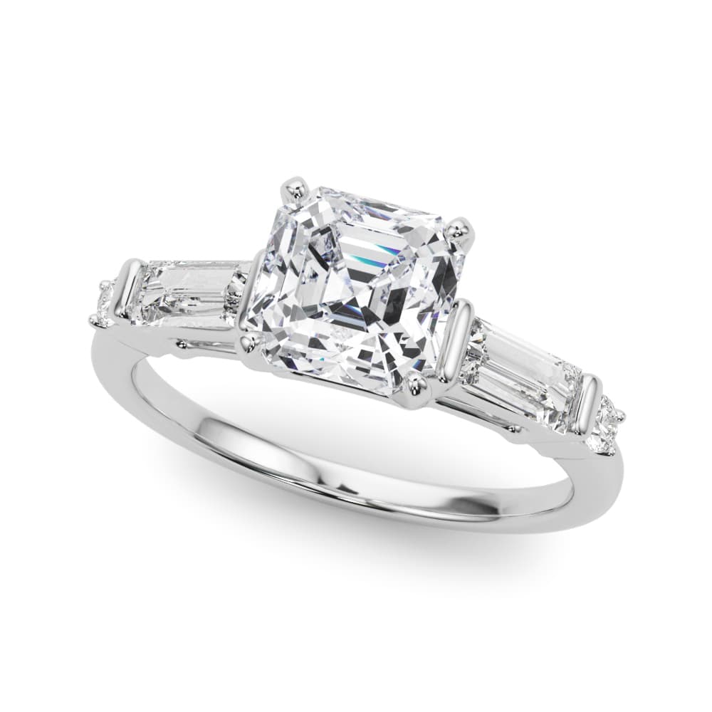 Round & Straight Baguette Engagement Ring — style 85372 in 10k White Gold