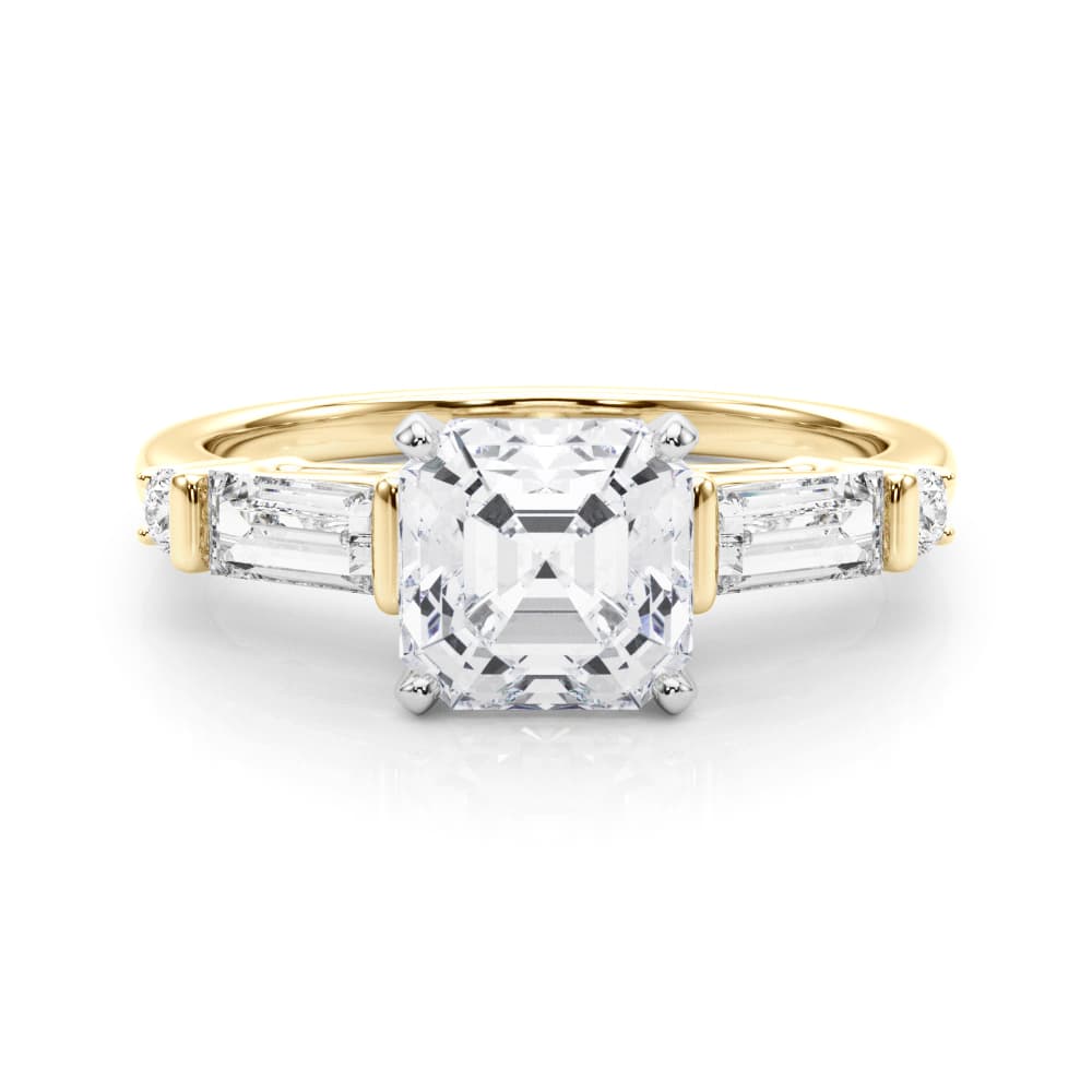 Round & Straight Baguette Engagement Ring, style 85372, On hand view in yellow gold
