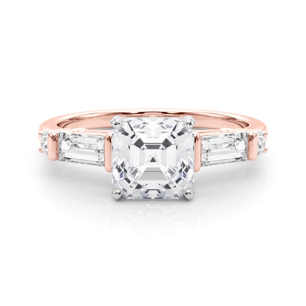 Round & Straight Baguette Engagement Ring, style 85372, On hand view in rose gold