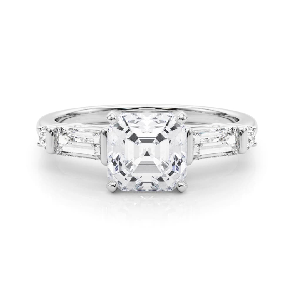 Round & Straight Baguette Engagement Ring, style 85372, On hand view in white gold or platinum