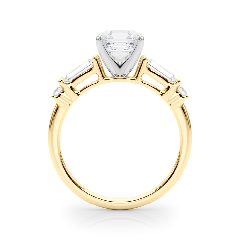 Round & Straight Baguette Engagement Ring, style 85372, Side view in yellow gold