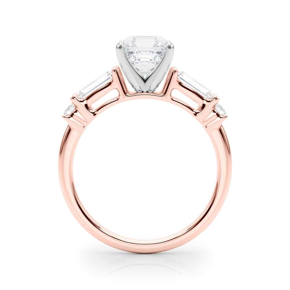 Round & Straight Baguette Engagement Ring, style 85372, Side view in rose gold