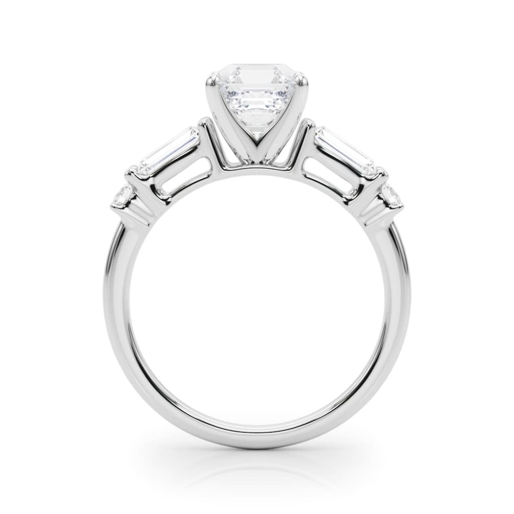 Round & Straight Baguette Engagement Ring, style 85372, Side view in white gold or platinum