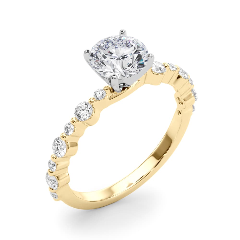 Single Shared Prong Engagement Ring, style 85373, Angle view in yellow gold