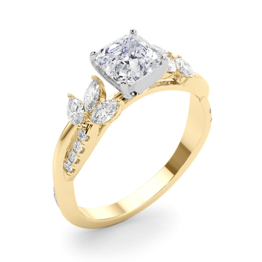 Nature Inspired Twisted Shank Cluster Side Engagement Ring, style 85374, Angle view in yellow gold