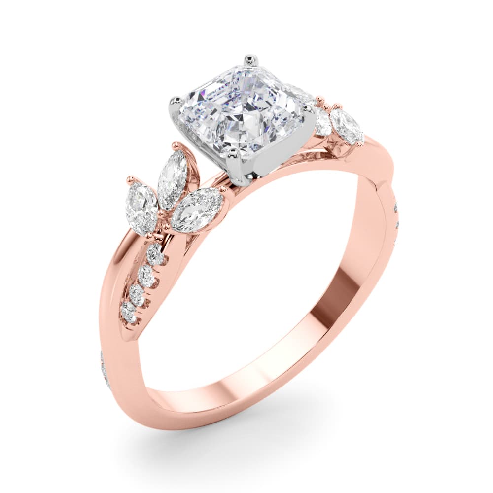 Nature Inspired Twisted Shank Cluster Side Engagement Ring, style 85374, Angle view in rose gold