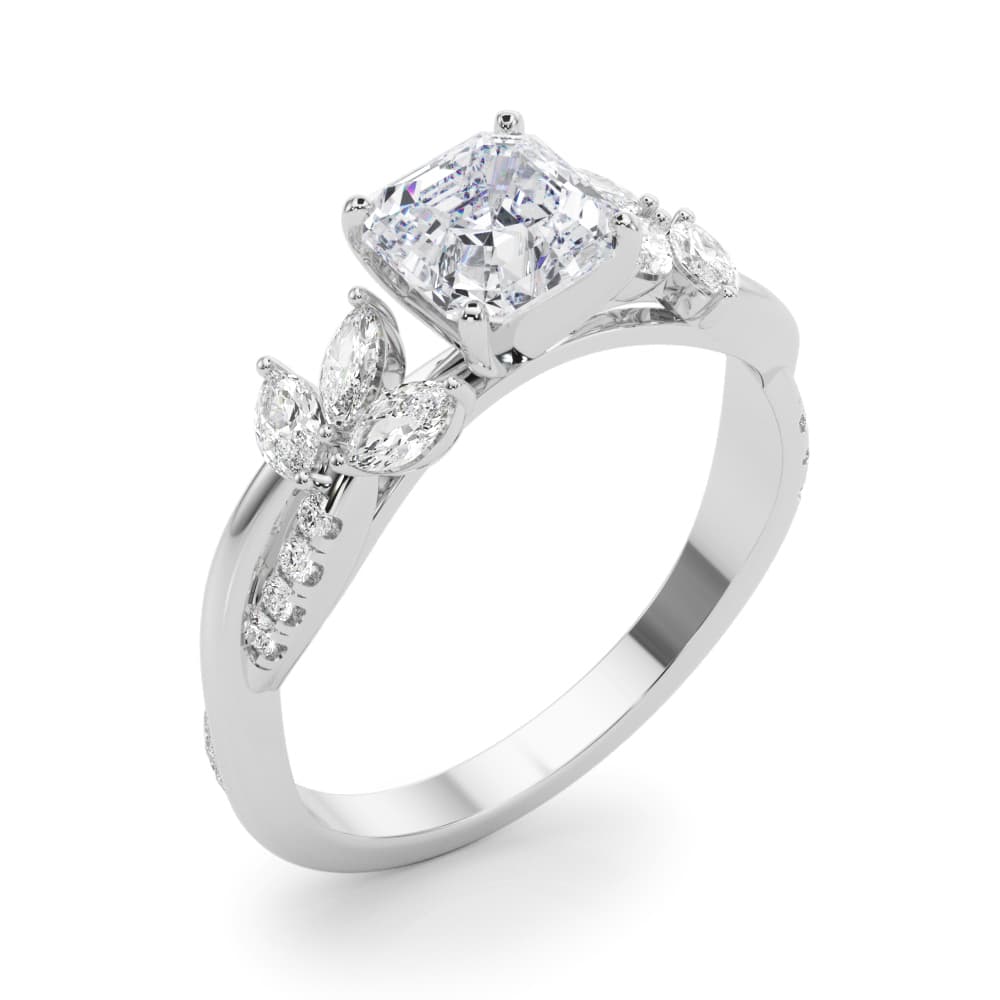 Nature Inspired Twisted Shank Cluster Side Engagement Ring, style 85374, Angle view in white gold or platinum