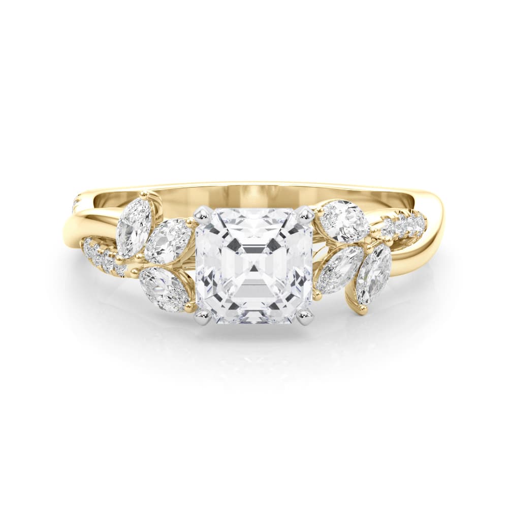 Nature Inspired Twisted Shank Cluster Side Engagement Ring, style 85374, On hand view in yellow gold