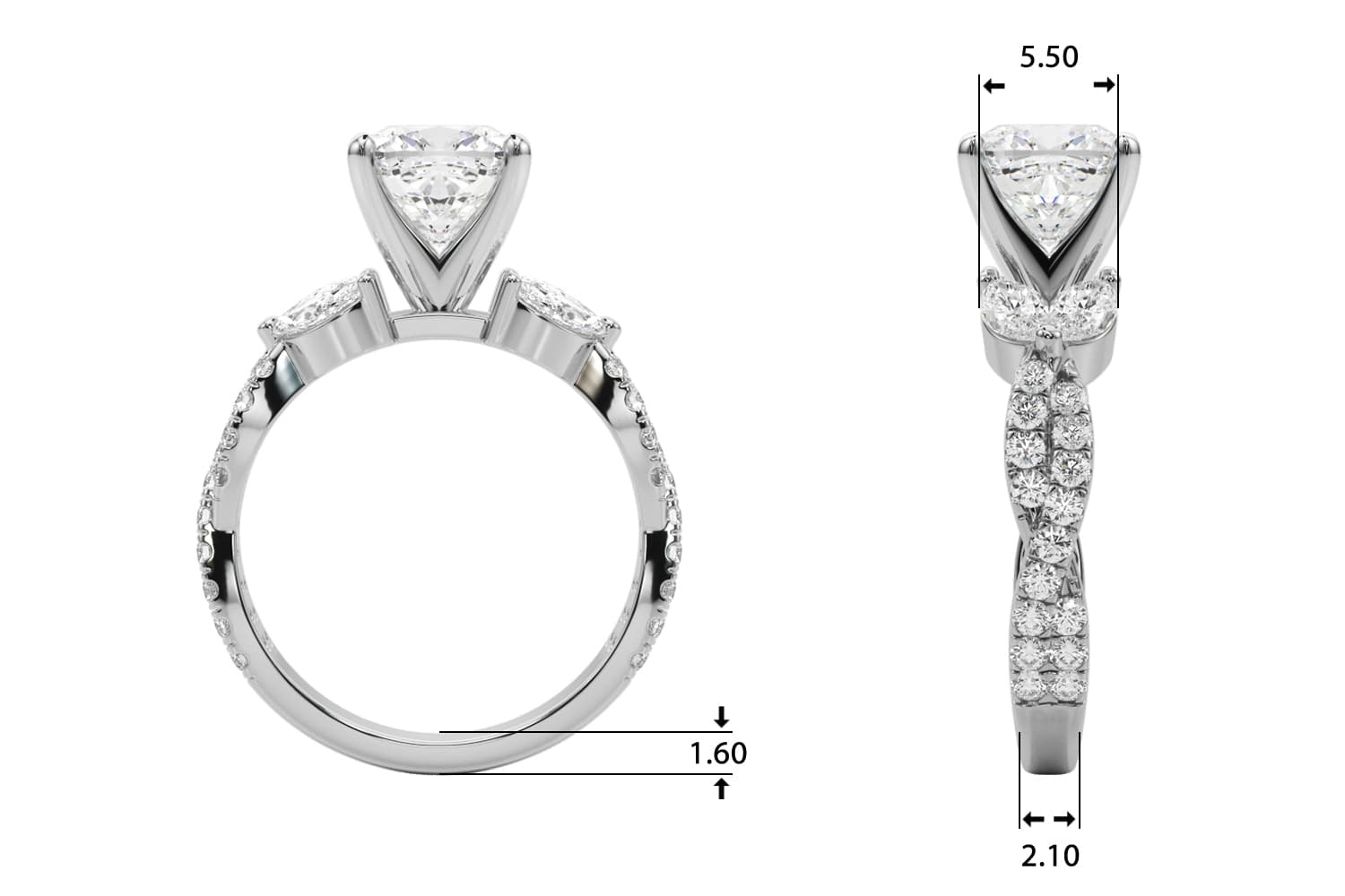 Round & Marquise Twisted Engagement Ring, style 85376, Top view in white gold or platinum