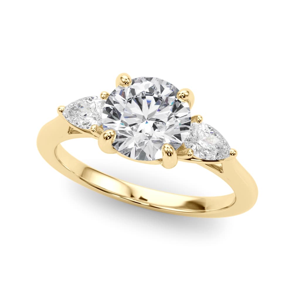 3-Stone Round Engagement Ring w/ Pear Sides, style 85394, Front view in yellow gold