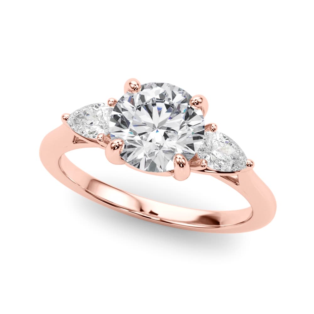 3-Stone Round Engagement Ring w/ Pear Sides, style 85394, Front view in rose gold