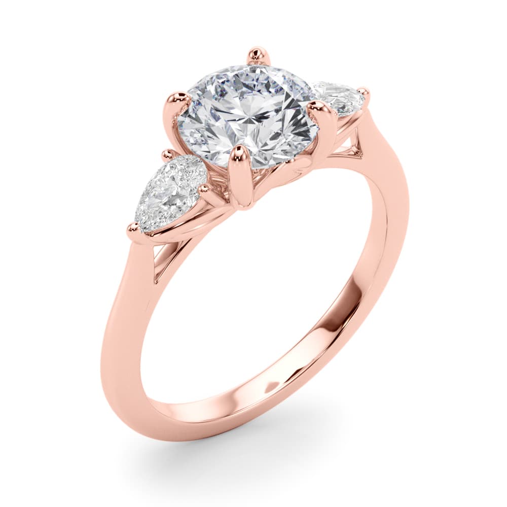 3-Stone Round Engagement Ring w/ Pear Sides, style 85394, Angle view in rose gold