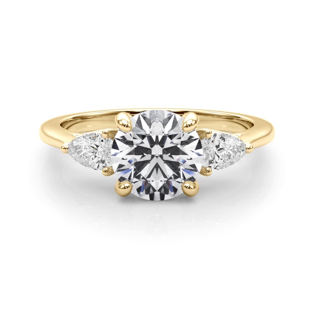 3-Stone Round Engagement Ring w/ Pear Sides, style 85394, On hand view in yellow gold