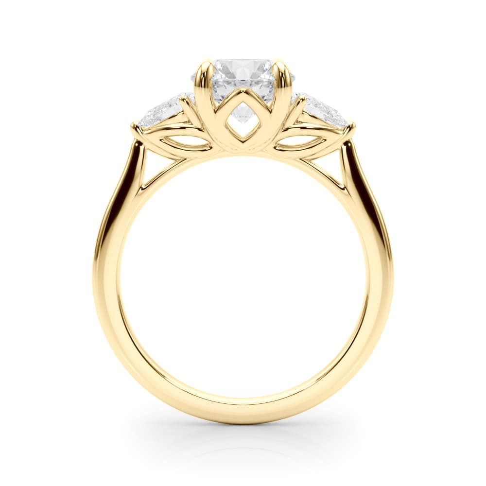 3-Stone Round Engagement Ring w/ Pear Sides, style 85394, Side view in yellow gold