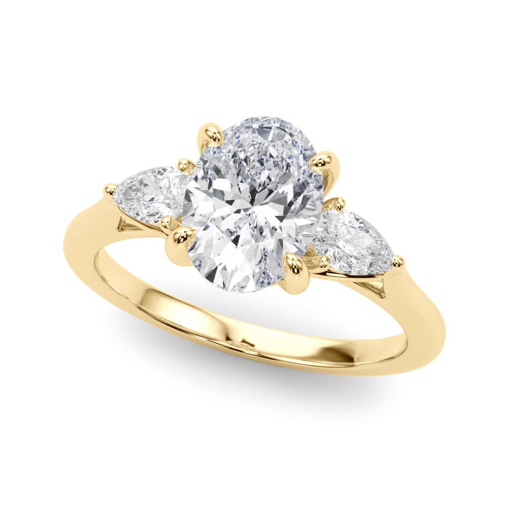 3-Stone Oval Engagement Ring w/ Pear Sides, style 85395, Front view in yellow gold