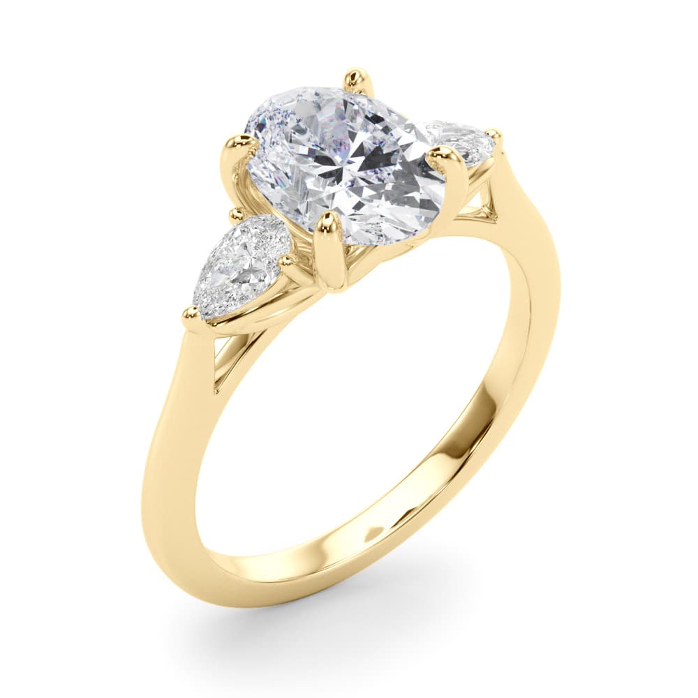 3-Stone Oval Engagement Ring w/ Pear Sides, style 85395, Angle view in yellow gold