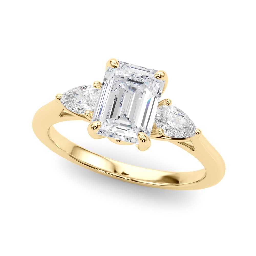 3-Stone Emerald Engagement Ring w/ Pear Sides, style 85396, Front view in yellow gold