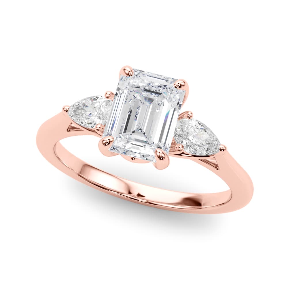 3-Stone Emerald Engagement Ring w/ Pear Sides, style 85396, Front view in rose gold