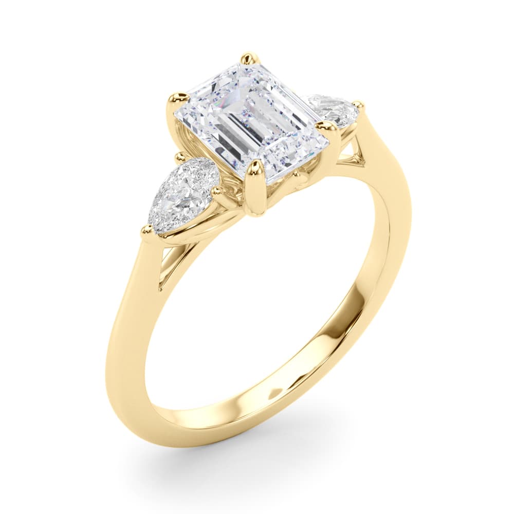 3-Stone Emerald Engagement Ring w/ Pear Sides, style 85396, Angle view in yellow gold