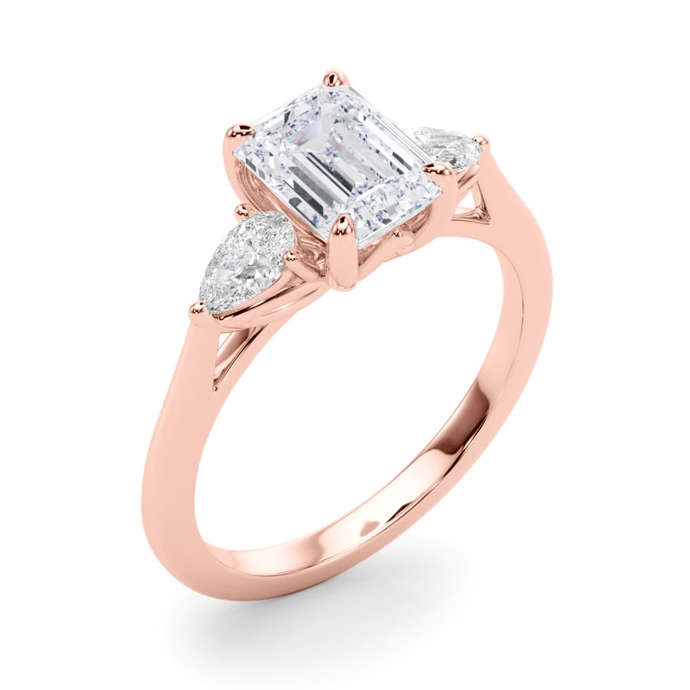 3-Stone Emerald Engagement Ring w/ Pear Sides, style 85396, Angle view in rose gold