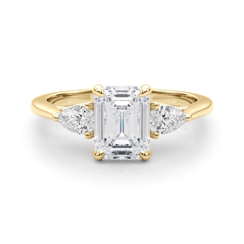 3-Stone Emerald Engagement Ring w/ Pear Sides, style 85396, On hand view in yellow gold