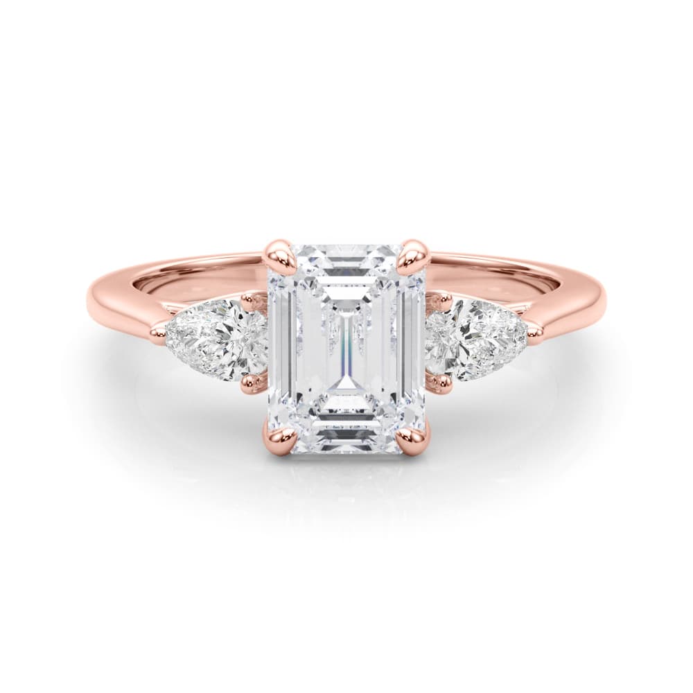 3-Stone Emerald Engagement Ring w/ Pear Sides, style 85396, On hand view in rose gold