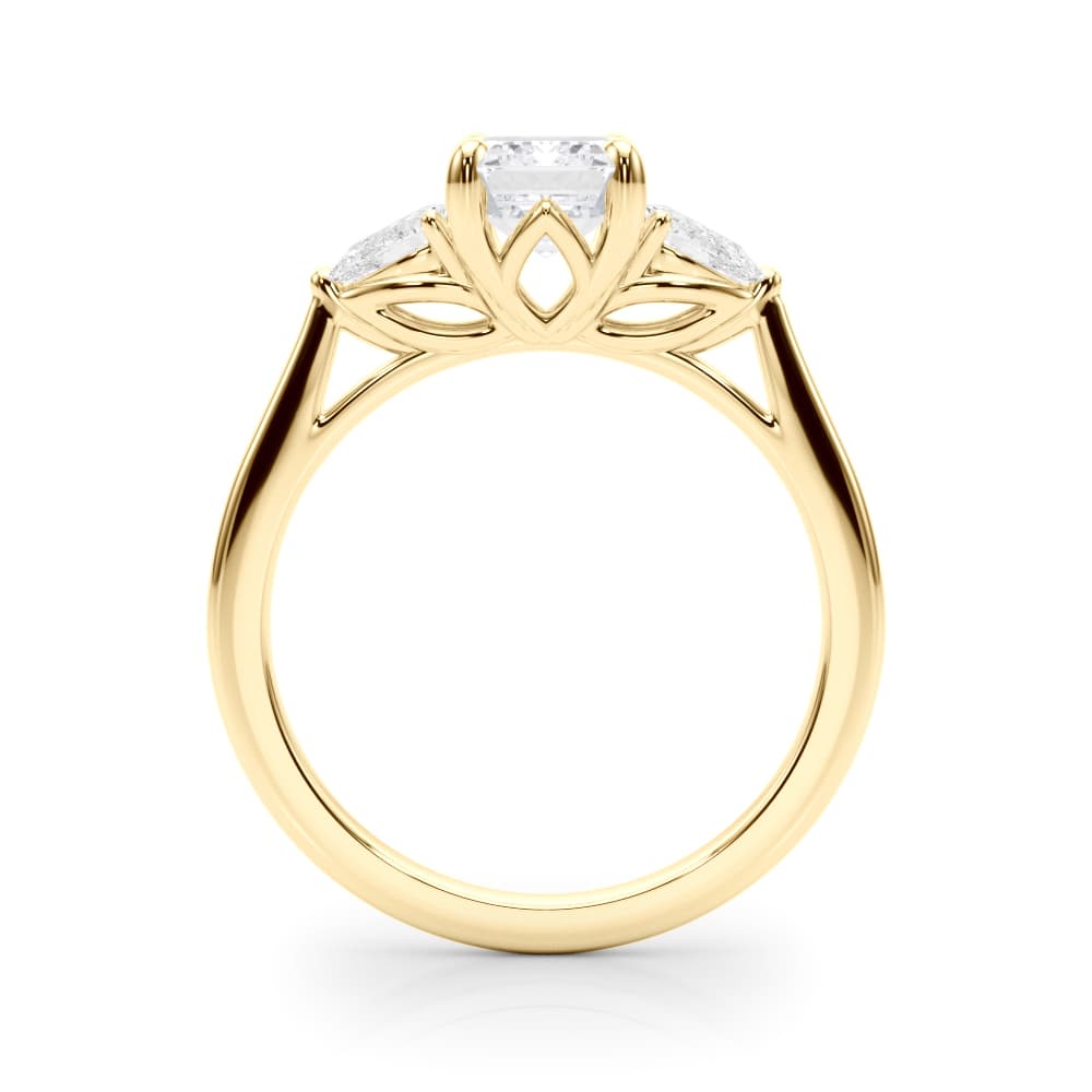 3-Stone Emerald Engagement Ring w/ Pear Sides, style 85396, Side view in yellow gold