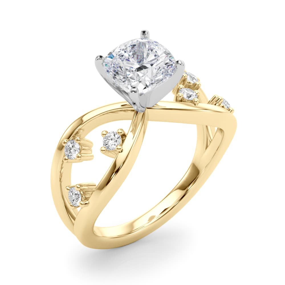 Split Shank Scattered Diamond Engagement Ring, style 85397, On hand view in yellow gold