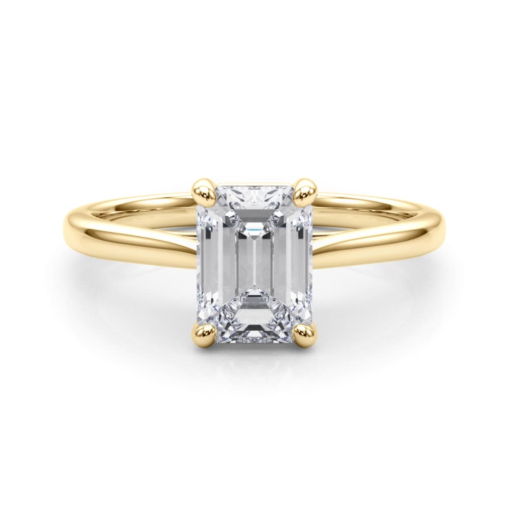 Solitaire Emerald Cut Engagement Ring, style 85399, On hand view in yellow gold